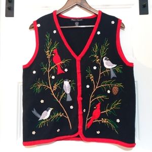Designer Originals Womens L Sleeveless Cardinal Holiday Sweater Black Button Up
